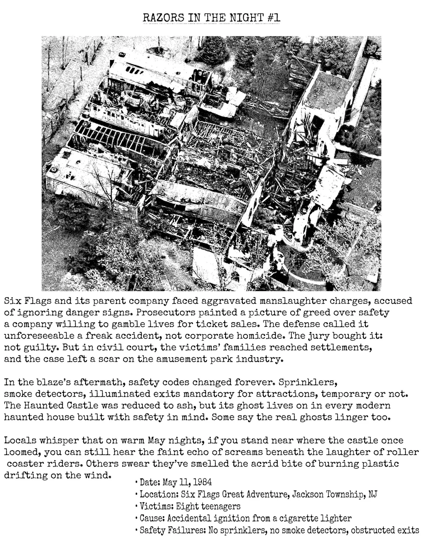 Photocopied Razors in the Night zine page about haunted house history