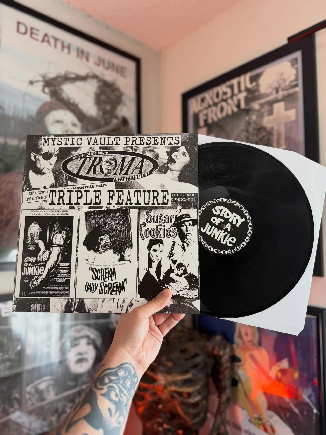 Photocopied Troma record and horror room image